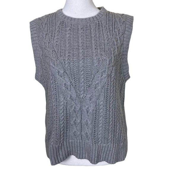 Rachel Zoe Grey Cable Knit Sweater Vest Fisherman Minimalist Academia Fall Sz L - Picture 2 of 14